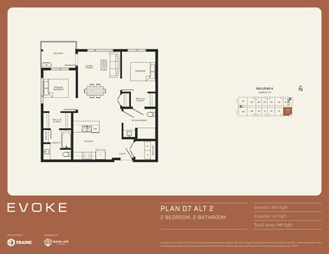 A floor plan for an apartment named EVOKE, Plan D7 Alt 2, with 2 bedrooms and 2 bathrooms.